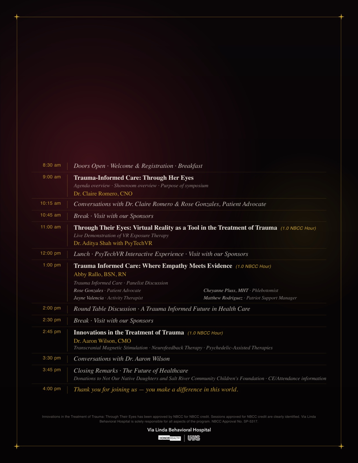 The delivered print agenda, the gold iris over the full day on black