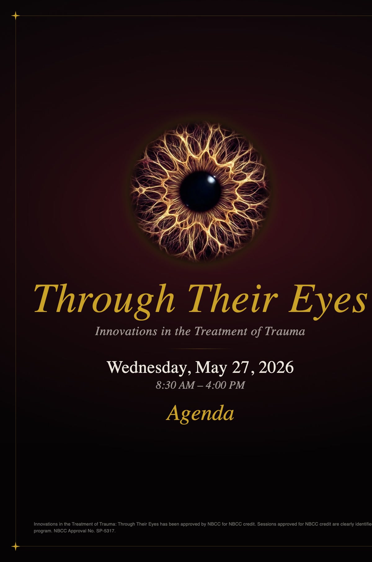 The event agenda title plate, the iris above the event title in gold serif