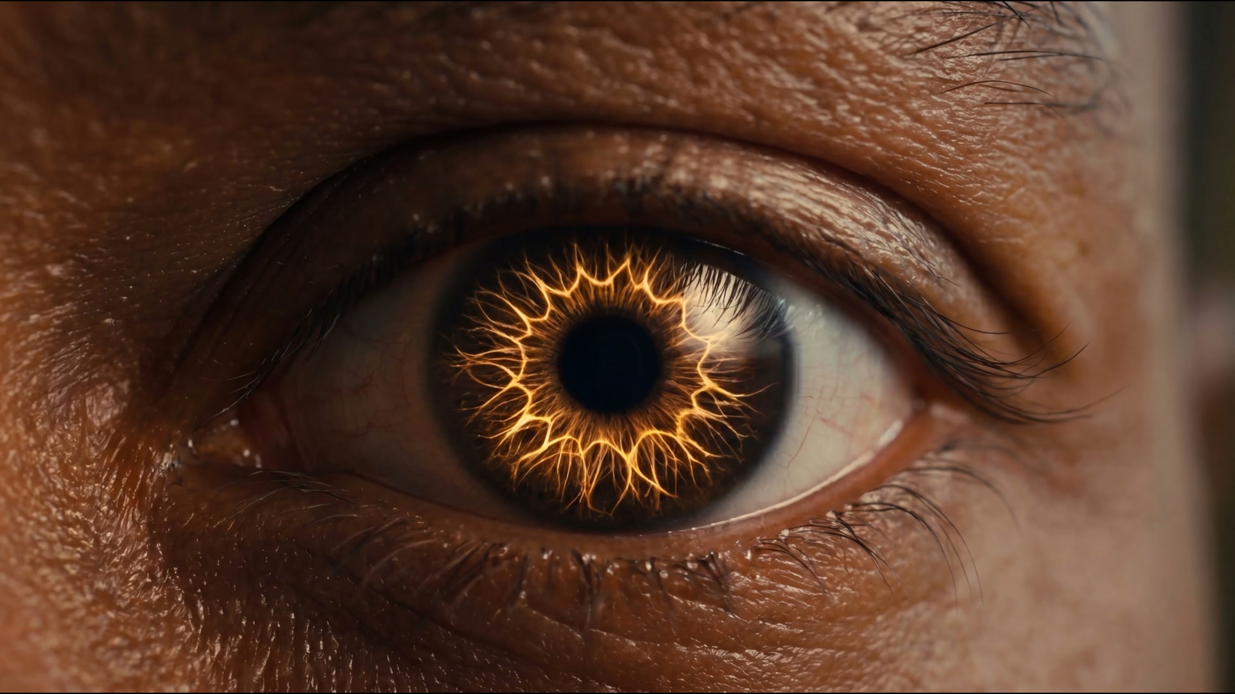 The gold iris burning inside a real eye