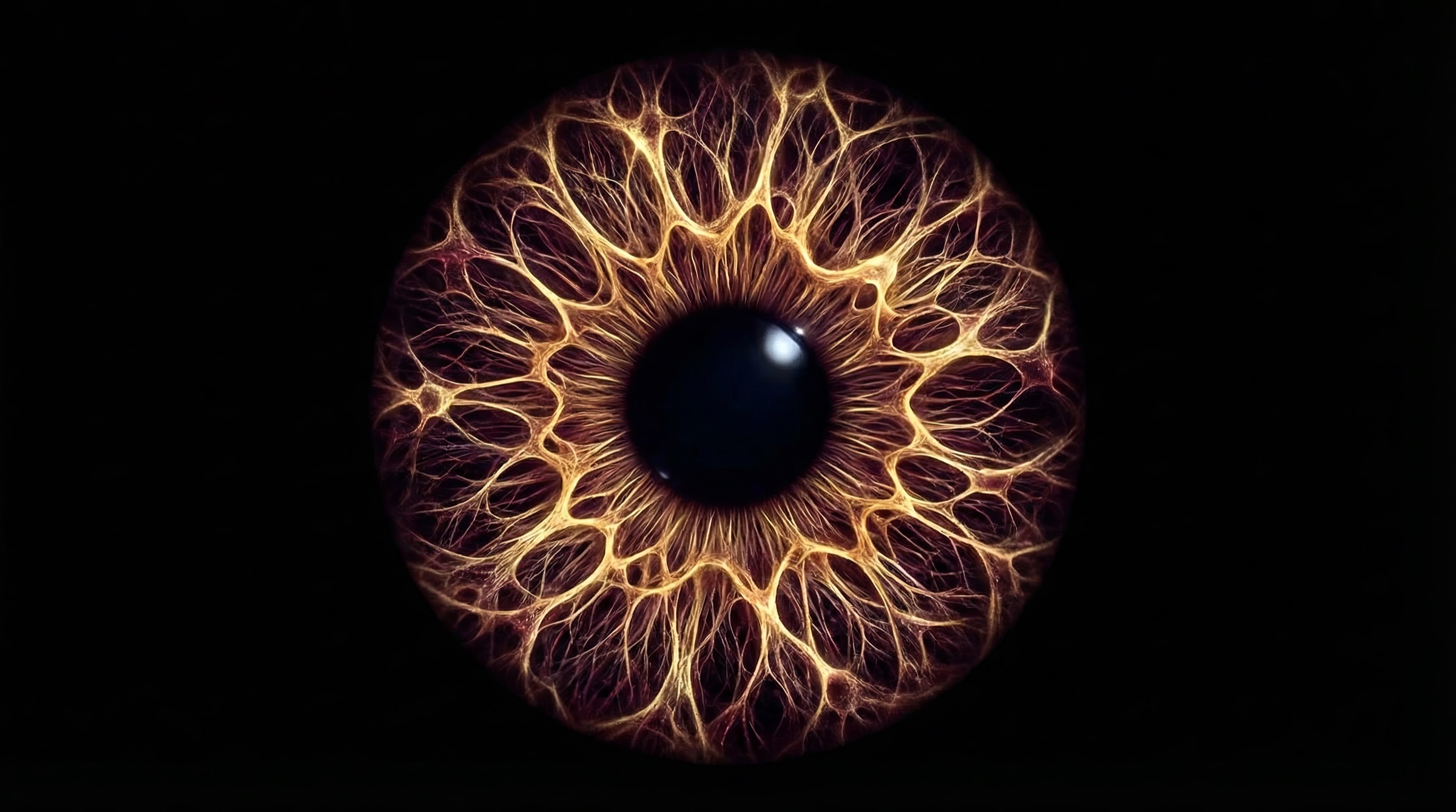 The delivered mark, an iris woven from gold neural filaments on black