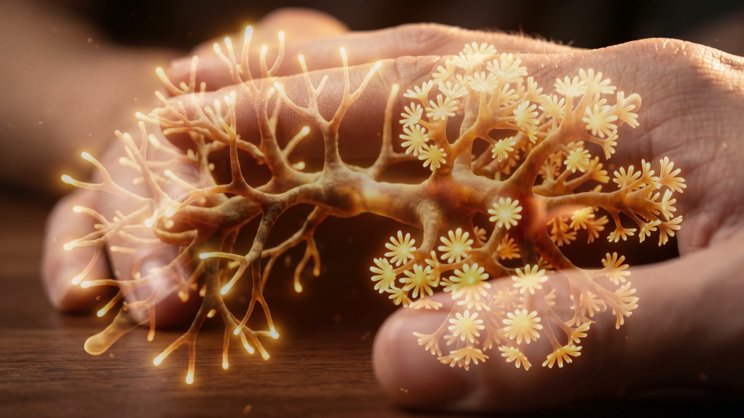 A golden neuron held in two hands, from a speaker introduction film
