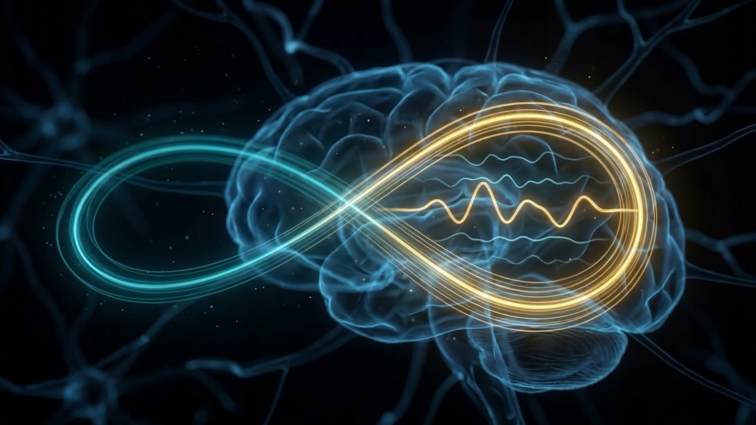 An infinity loop of light over a brain, from a speaker introduction film