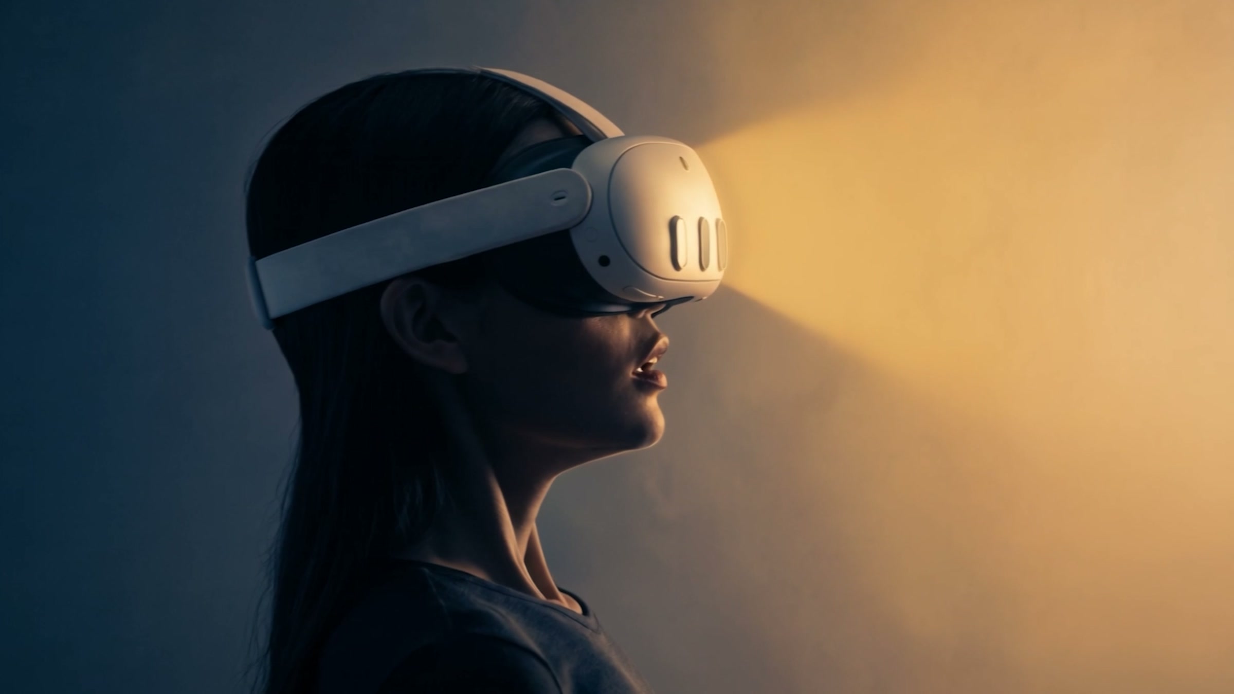 A headset projecting golden panels of landscape